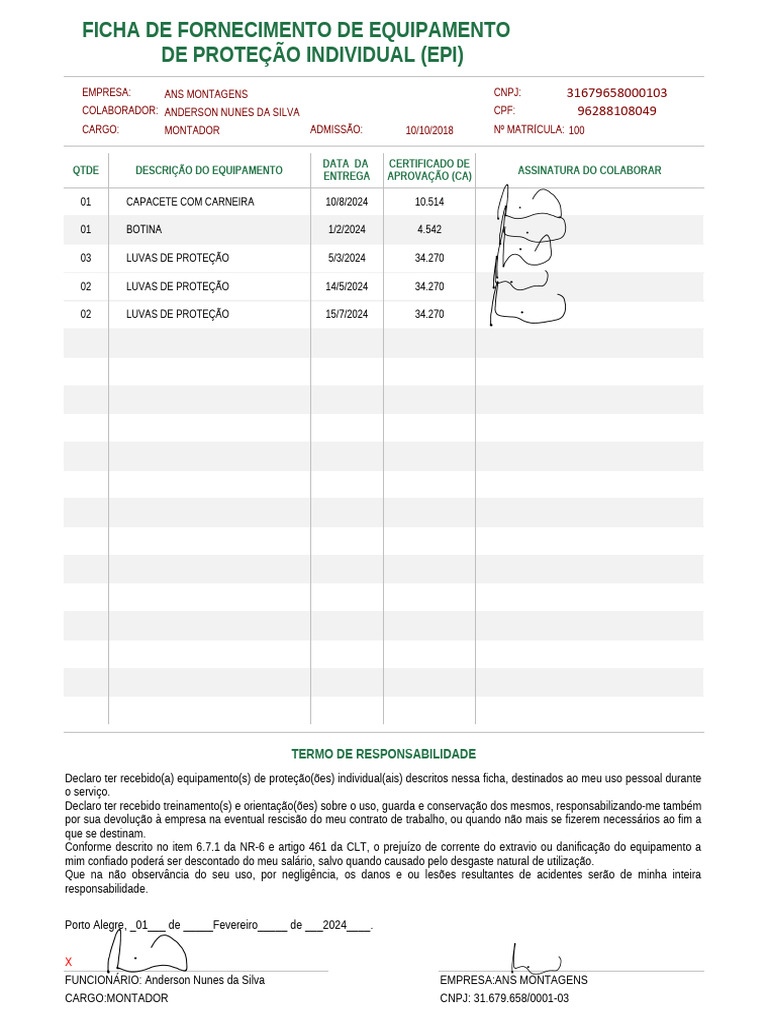 Ficha de EPI - Anderson Nunes da Silva | PDF