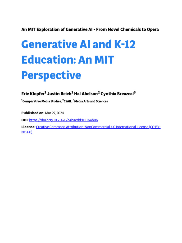 MIT's Generative AI Impact on K-12 Education | PDF | Artificial ...