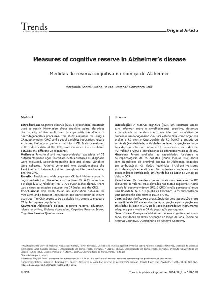Measures of Cognitive Reserve in Alzheimer's Disease. | PDF | Dementia ...