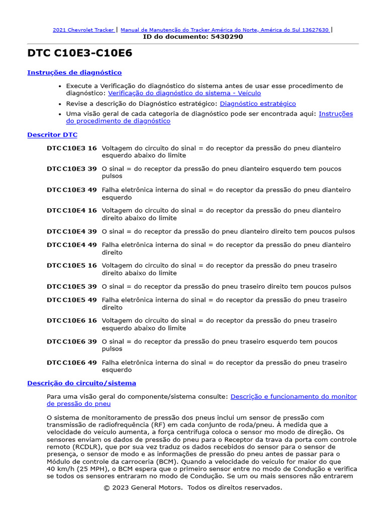 Diagnóstico DTC C10E3 a C10E6 Tracker | PDF | Pneu