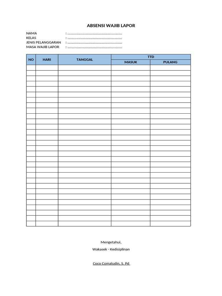Formulir Absensi Wajib Lapor Siswa | PDF