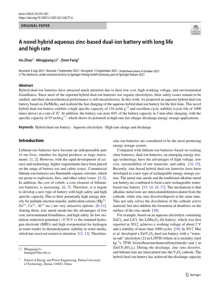 A Novel Hybrid Aqueous Zinc-Based Dual-Ion Battery With Long Life and ...