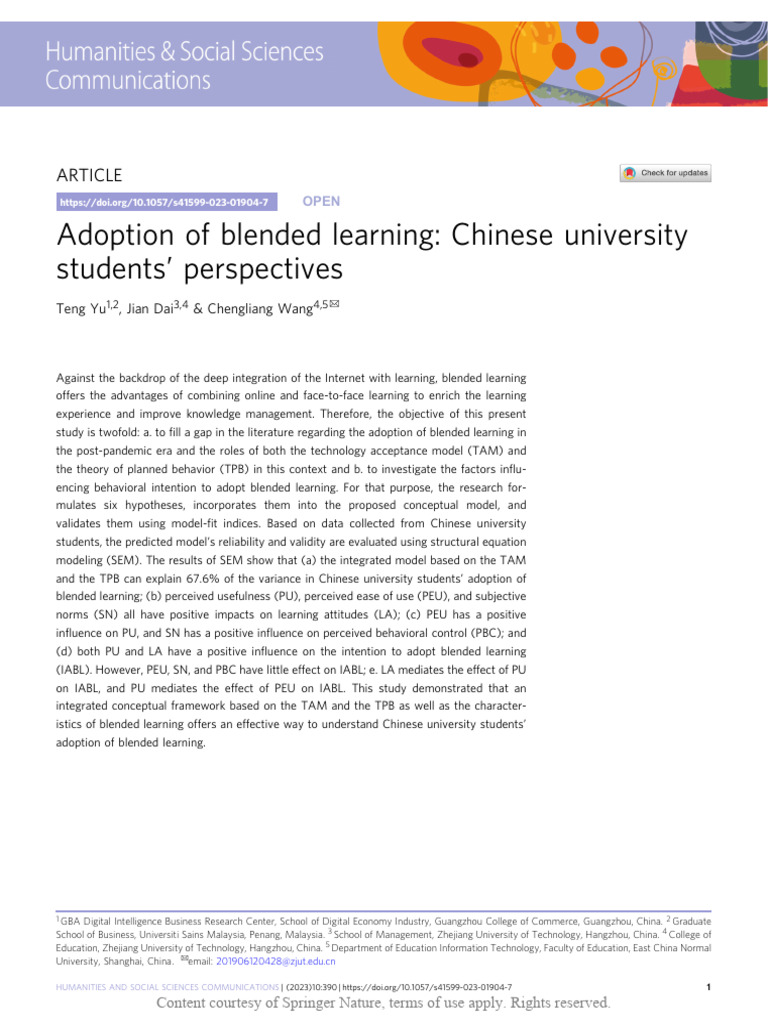 Chinese Students' Views on Blended Learning | PDF | Structural Equation ...