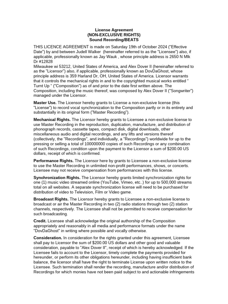 Non-Exclusive License Agreement for Music | PDF | License | Sound ...