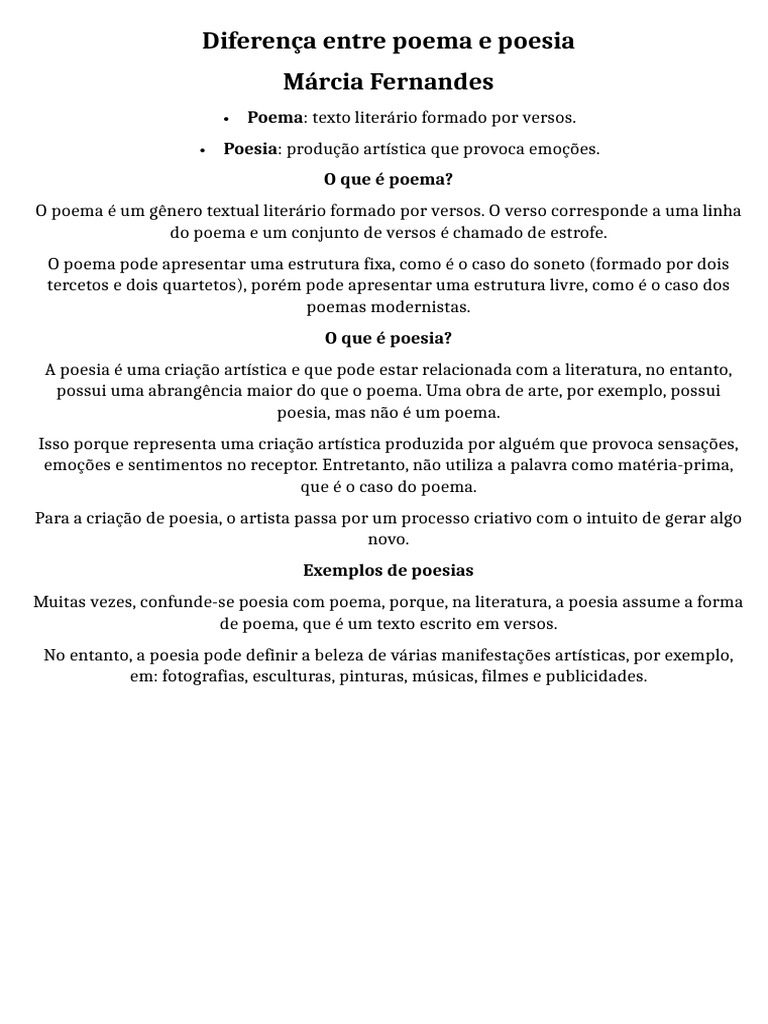 Diferença entre Poema e Poesia | PDF