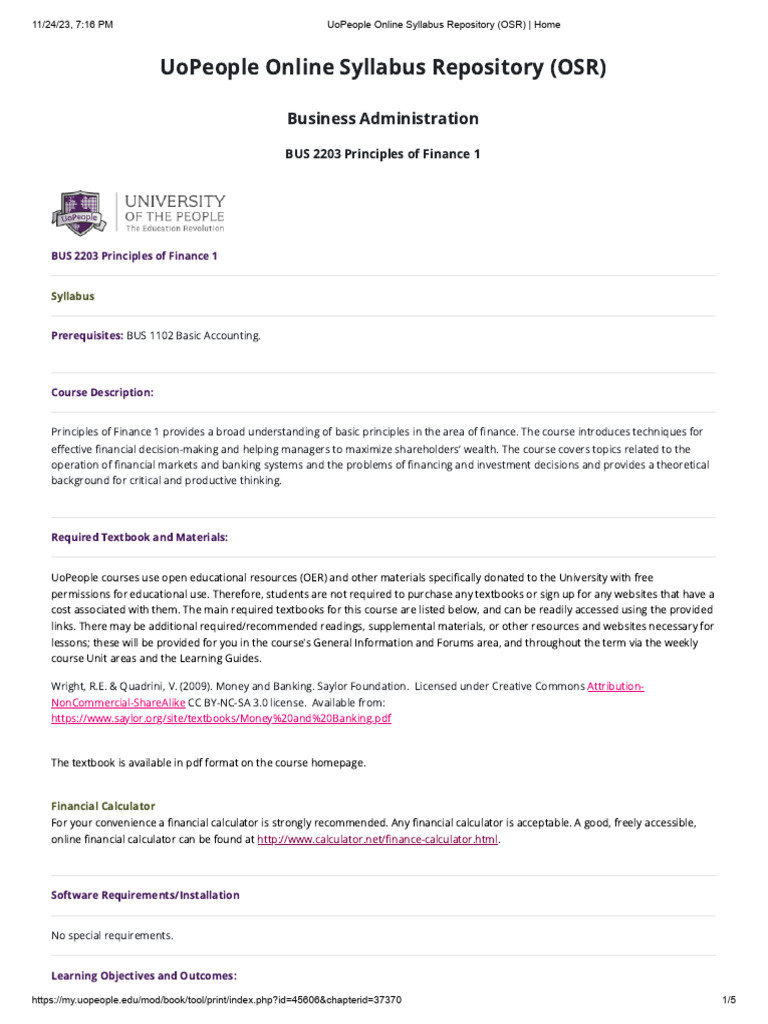 BUS 2203 Principles of Finance Syllabus | PDF | Quiz