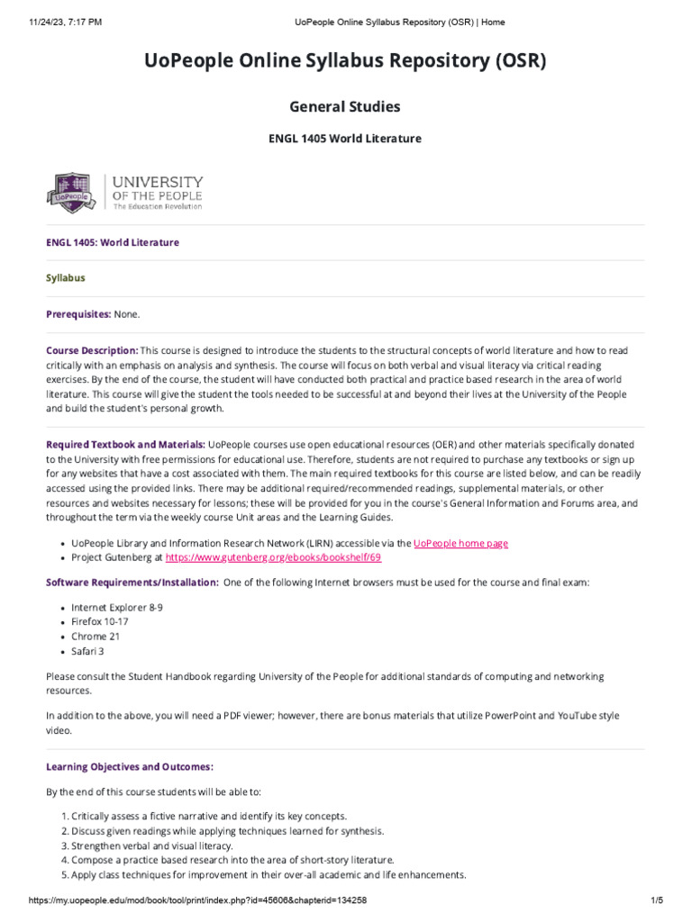 UoPeople ENGL 1405 World Literature Syllabus | PDF