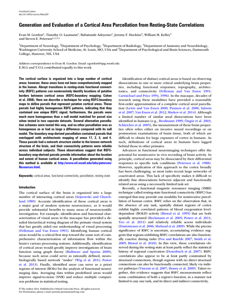 Cortical Area Parcellation via RSFC | PDF | Functional Magnetic ...
