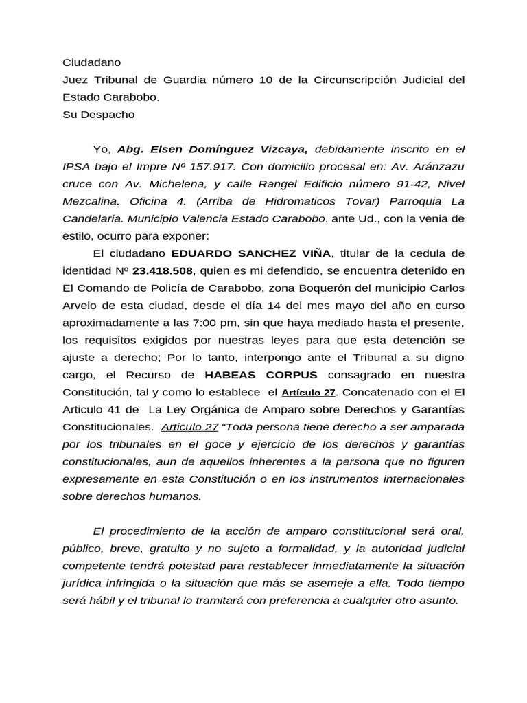 Habeas Corpus Recurso de Amparo | PDF | Habeas corpus | Justicia