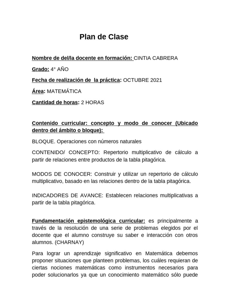 Plan de Clase Matematica 4°año Seño Vani | PDF | Matemáticas | Aprendizaje