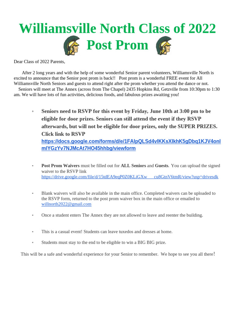 Williamsville North 2022 Post Prom Details | PDF