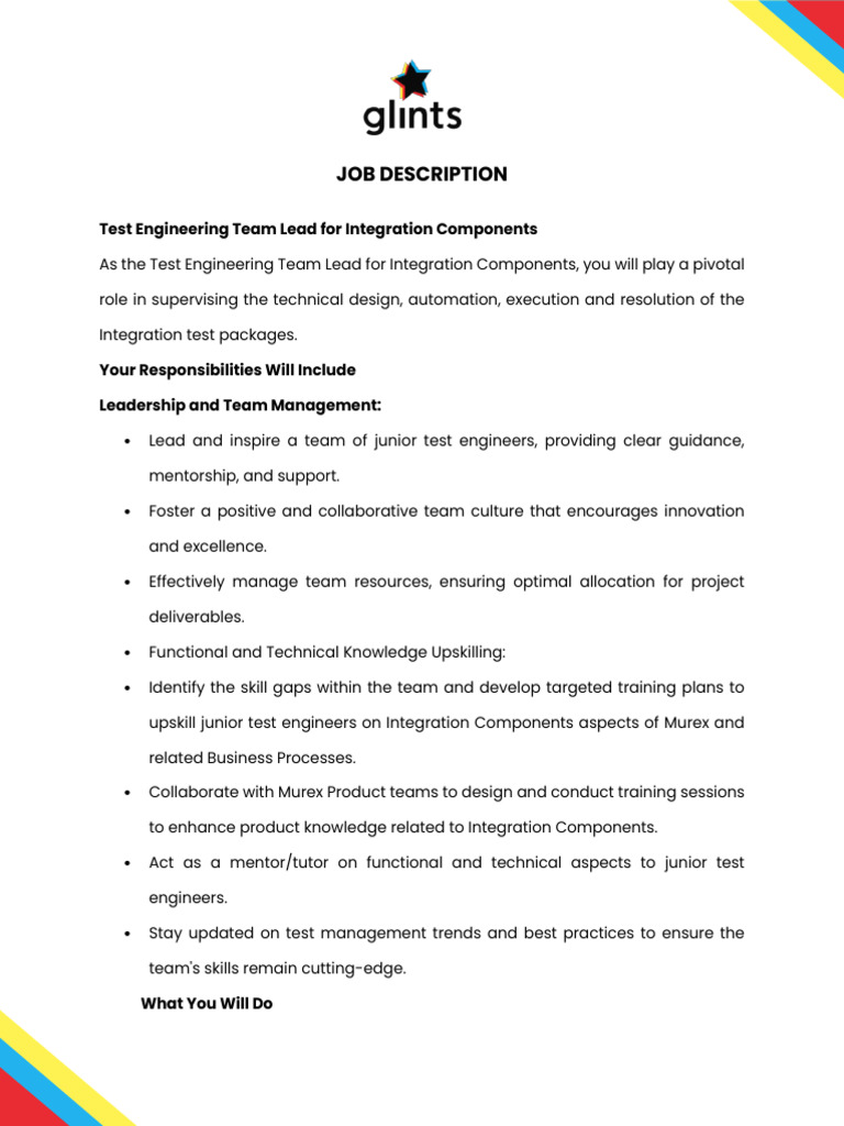 Murex Integration Test Lead Role | PDF | Mentorship | Software Testing