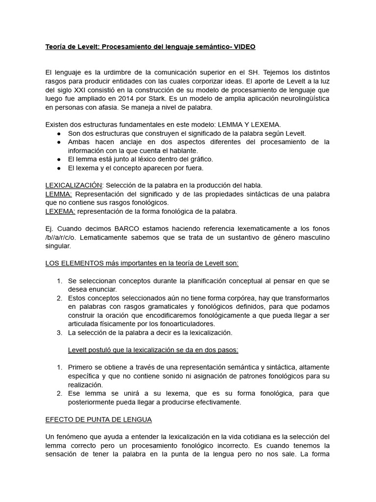Modelo de Levelt: Procesamiento Semántico | PDF | Palabra | Léxico