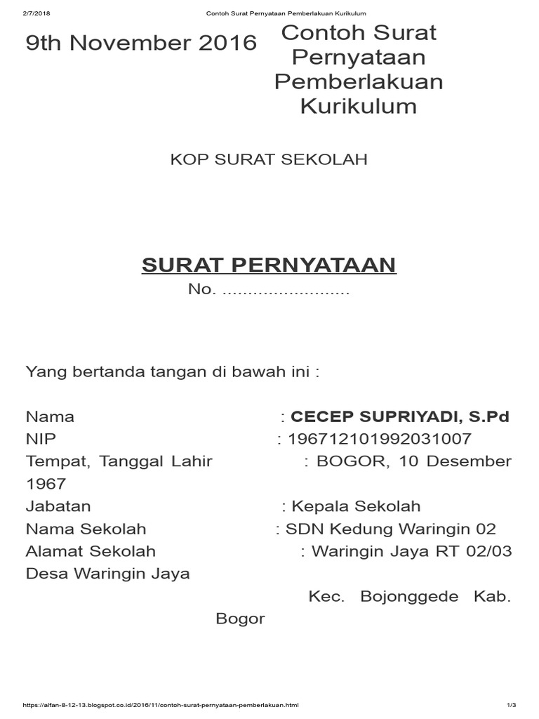 Contoh Surat Pernyataan Pemberlakuan Kurikulum Pdf