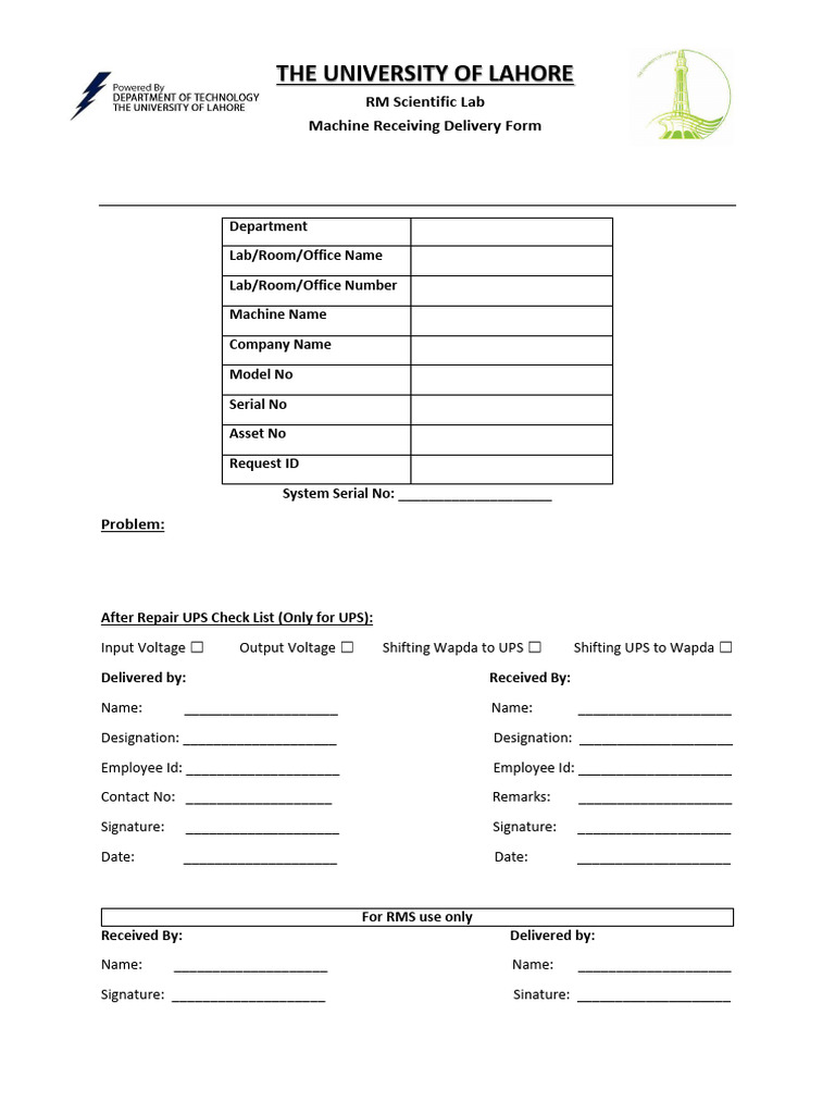 Machine Delivery Form for Labs | PDF | Technology & Engineering