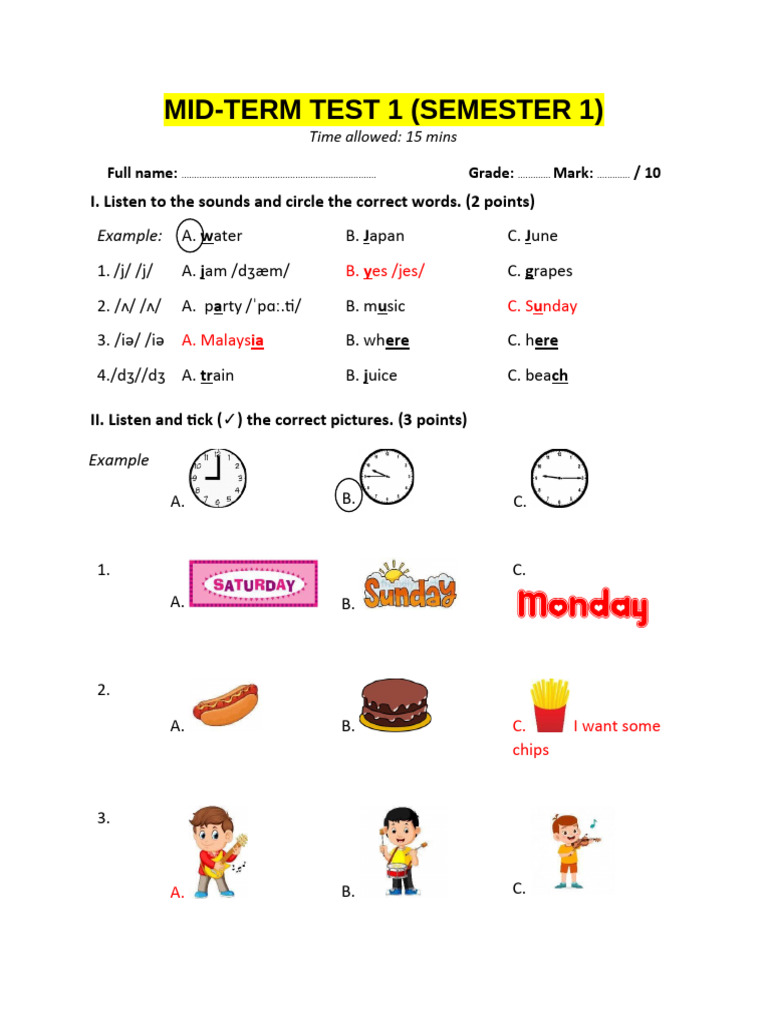 Mid-Term Test 1 (Semester 1) | PDF