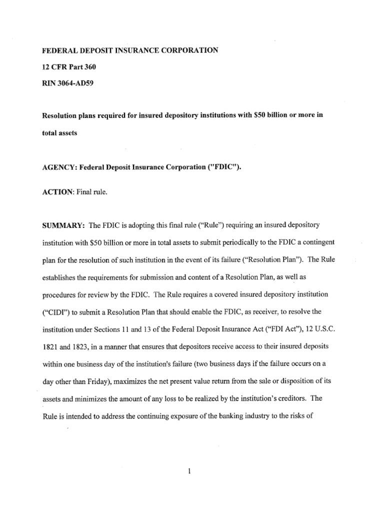 Resolution Plans Required For Insured Depository Institutions With $50 ...