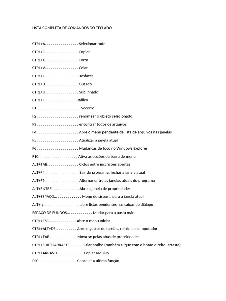 LISTA COMPLETA DE COMANDOS DO TECLADO | PDF | Botão Ctrl | Janela ...