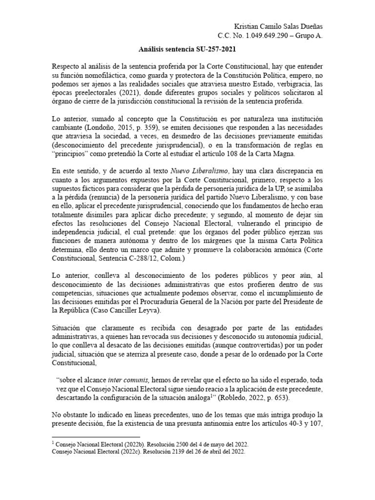 Análisis Sentencia SU-257-2021 | PDF | Caso de ley | Constitución