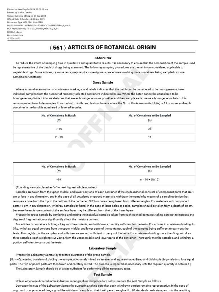 USP-NF 〈561〉 Articles of Botanical Origin | PDF | Sampling (Statistics)