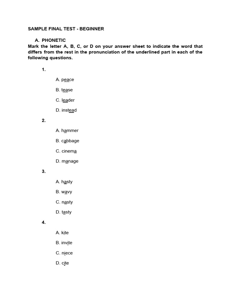 Sample final test beginner pdf english language linguistics