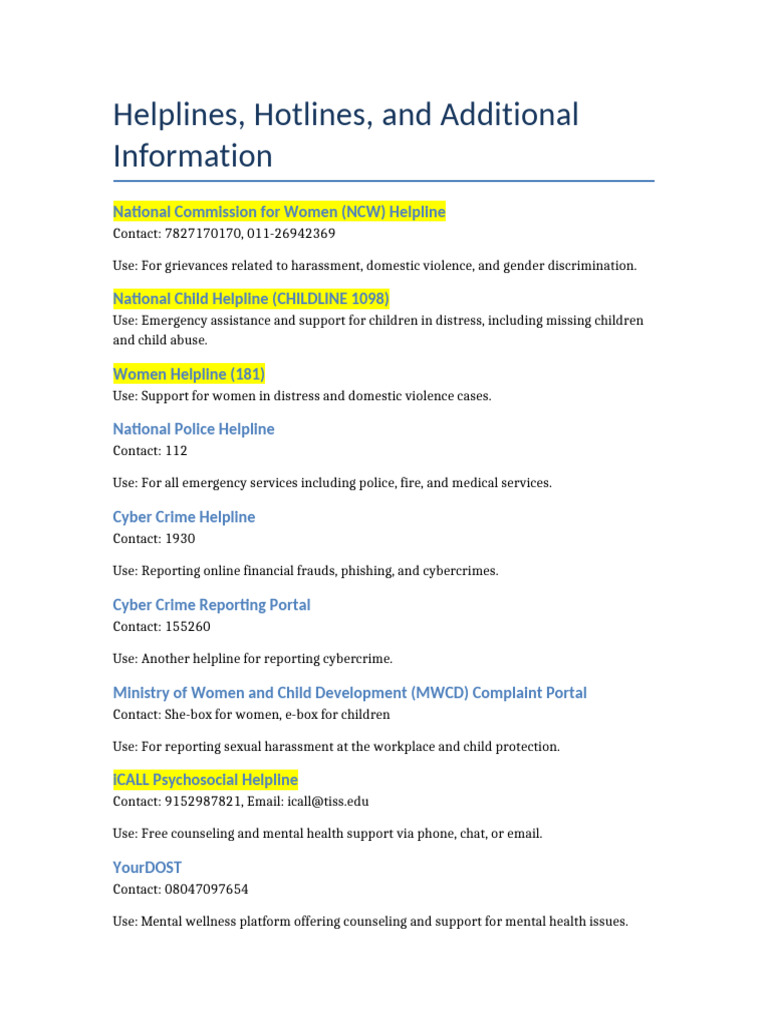 Helplines and Hotlines | PDF | Cybercrime | Violence