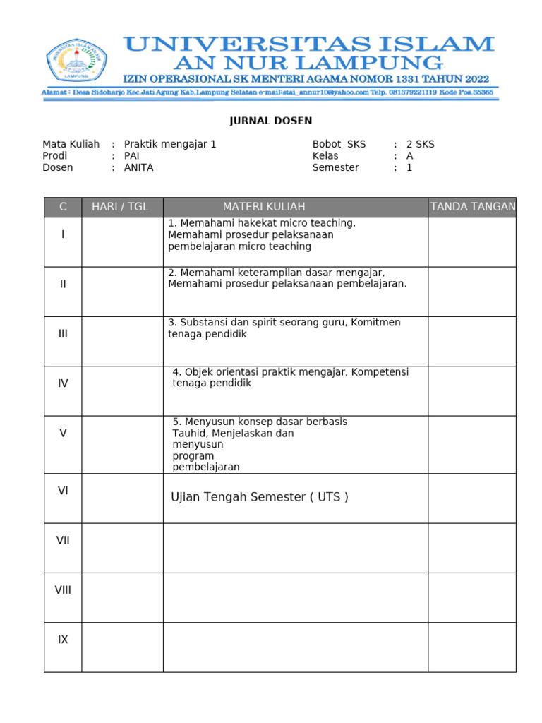 Praktik Mengajar 1 PAI - Jurnal Dosen | PDF