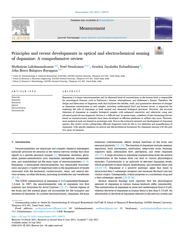 Dopamine Sensing Review | PDF | Biosensor | Neurotransmitter