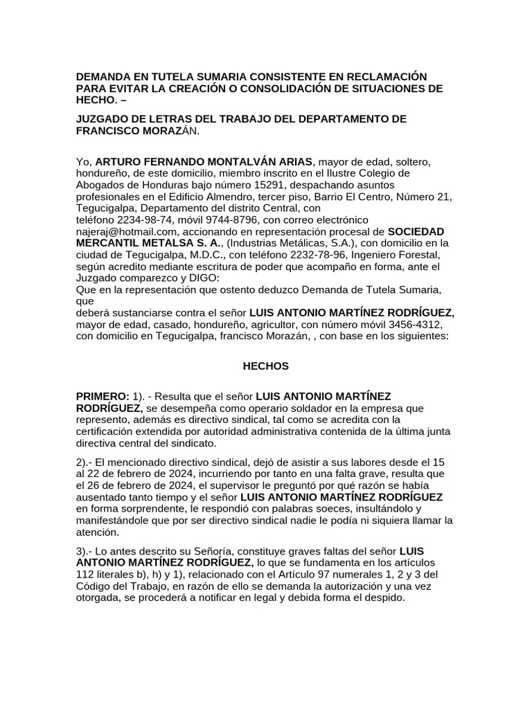 Demanda de Tutela Sumaria Laboral | PDF | Demanda judicial | Honduras