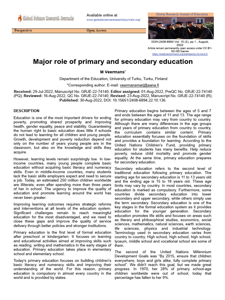 Major Role of Primary and Secondary Education | PDF | Secondary ...