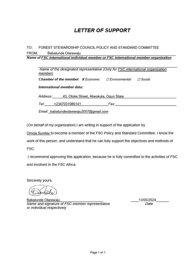 Sample Letter of Support From Omoja Sunday | PDF