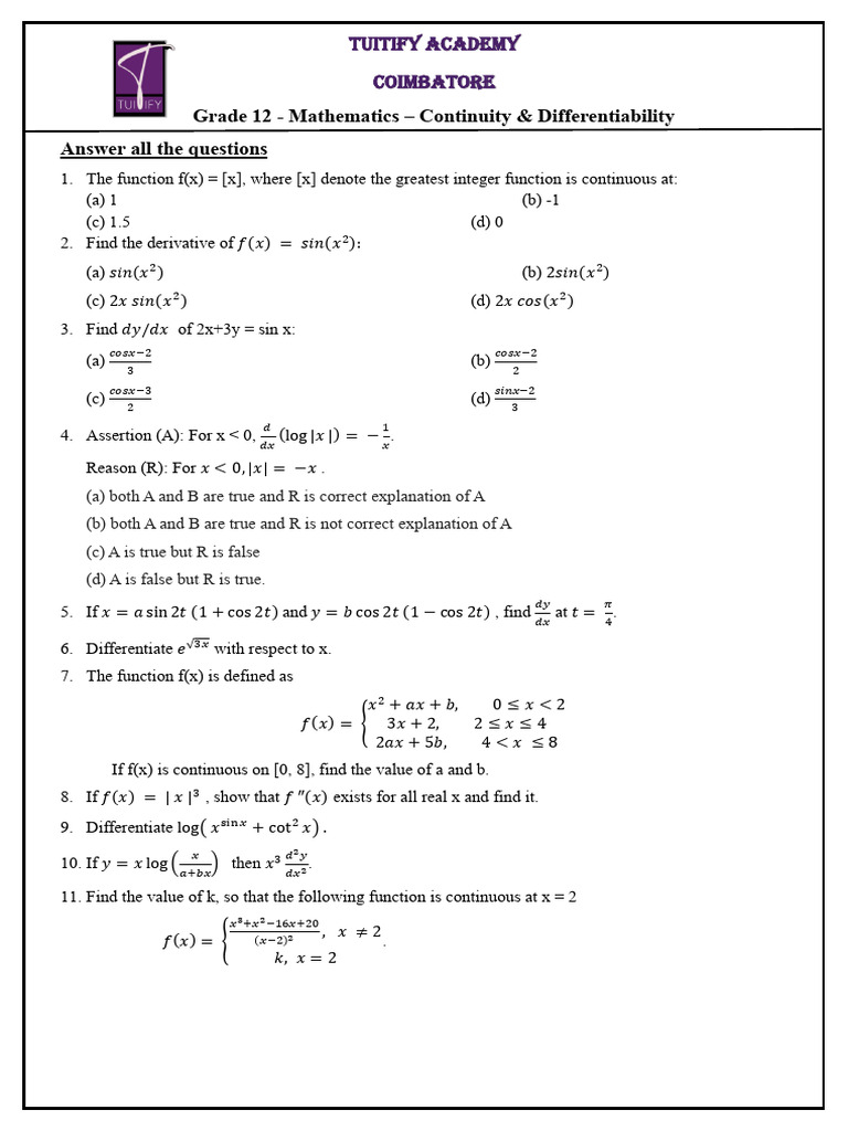 Grade 12 - Mathematics - Continuity & Differentiability Answer All The ...