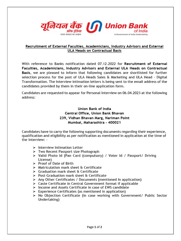 Interview Intimation For The Post of Ula Head | PDF | Authentication ...