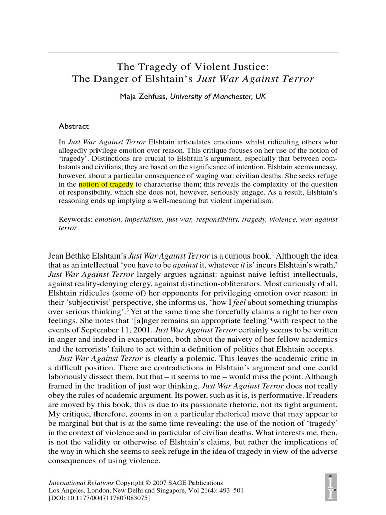 The Tragedy of Violent Justice Thte Danger of Elshtains Just War ...