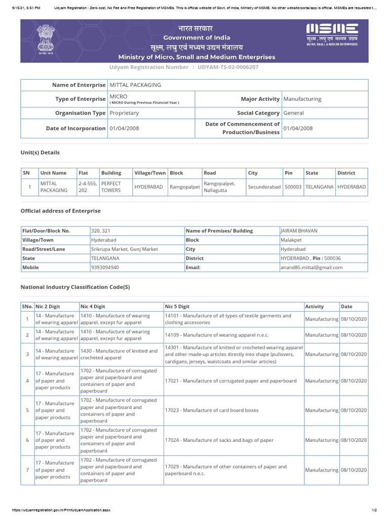 Msme Certificate-1 | PDF | Clothing | Manufactured Goods