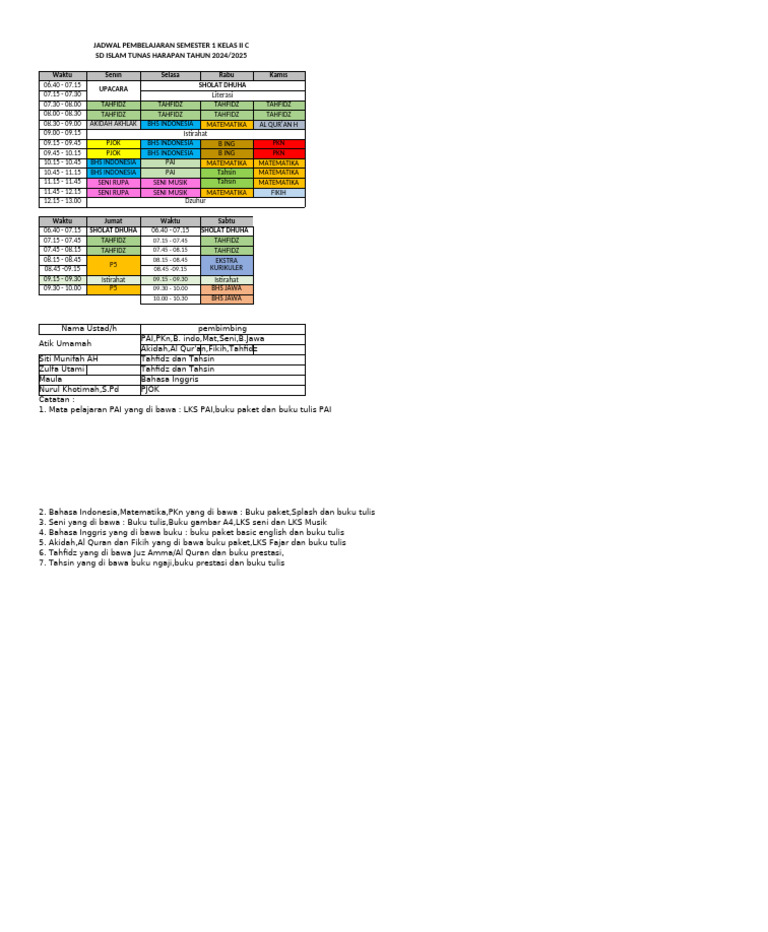 Jadwal Pelajaran 2C 2024-2025 | PDF