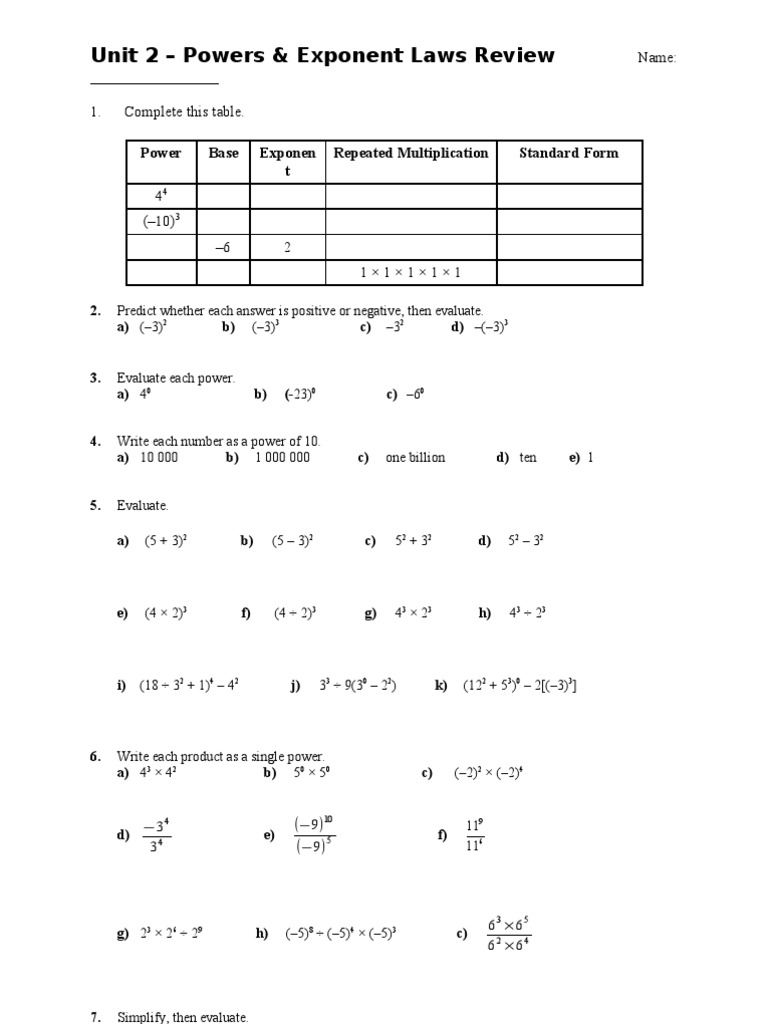 Powers and Exponent Laws Review | PDF | Teaching Methods & Materials ...
