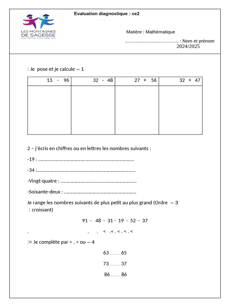 Évaluation diagnostique CE2 2024 | PDF