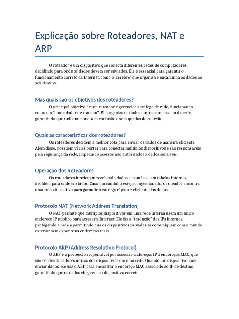 Roteadores, NAT e ARP: Funções e Operação | PDF