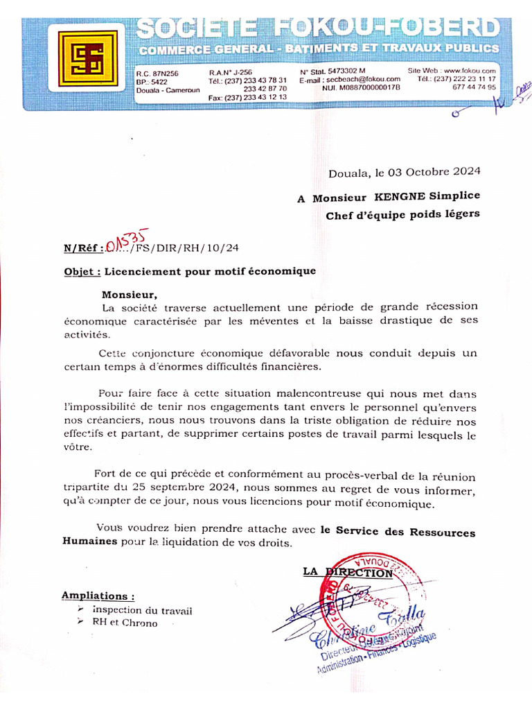 Certificat Et Lettre de Licenciement Fokou | PDF