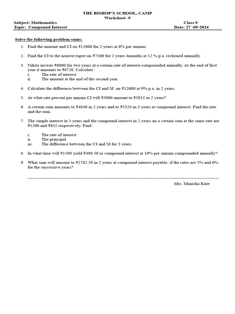 Class 9 Mathematics: Compound Interest Worksheet | PDF | Career ...