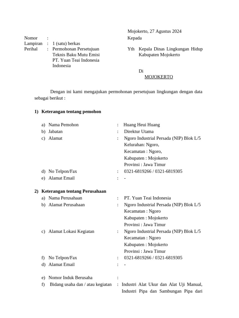Permohonan Persetujuan Emisi PT Yuan Teai | PDF