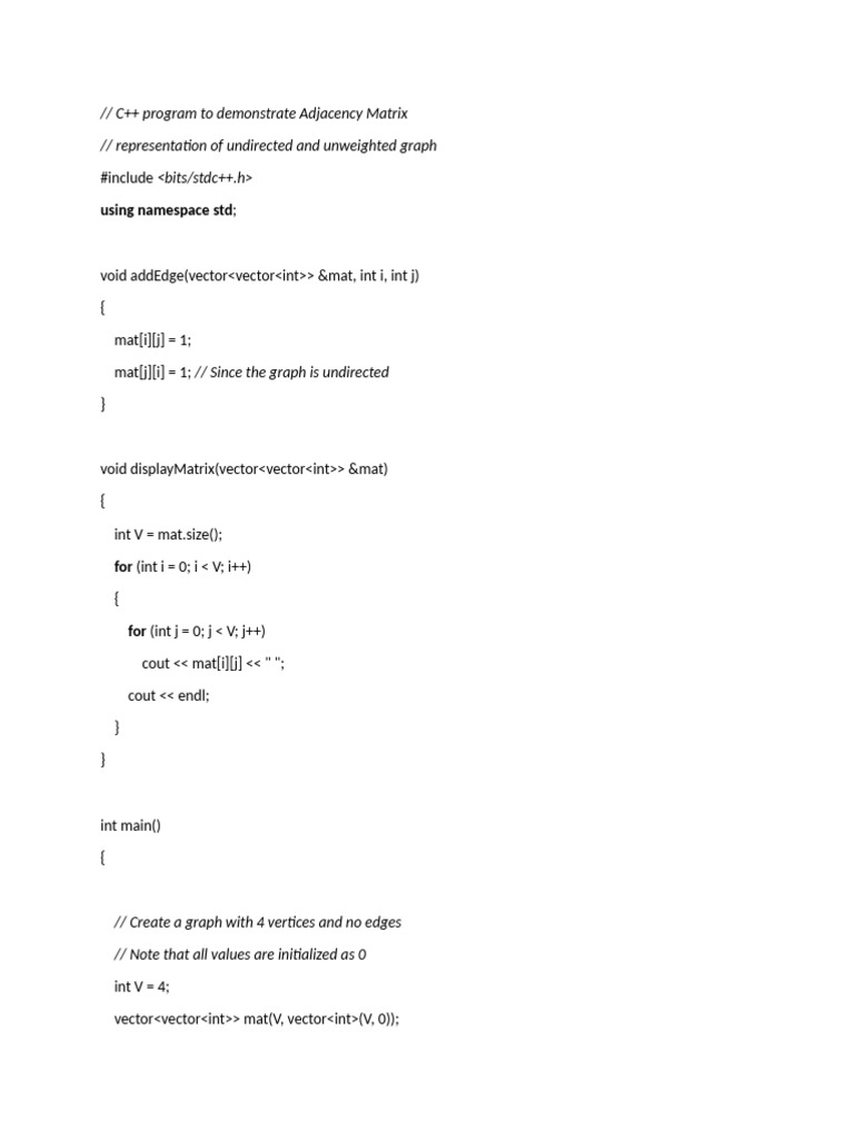 C++ Adjacency Matrix for Graphs | PDF | Graph Theory | Mathematical ...