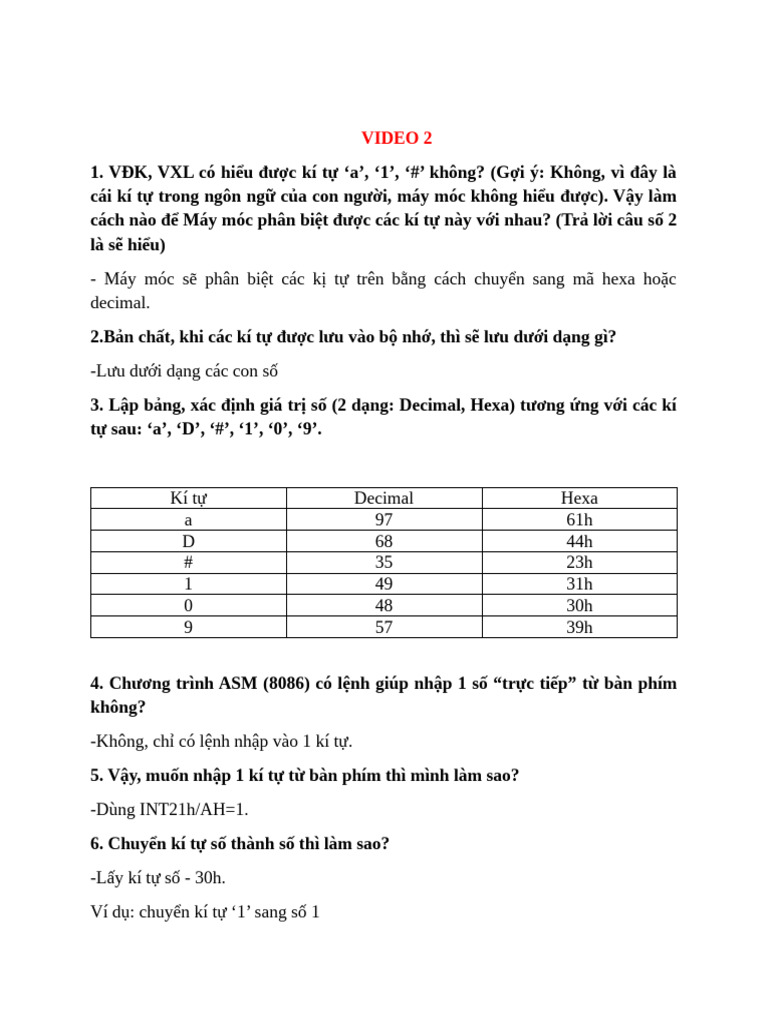 VIDEO 2 - Kí tự và bảng ASCII (MQH kí tự và số) | PDF