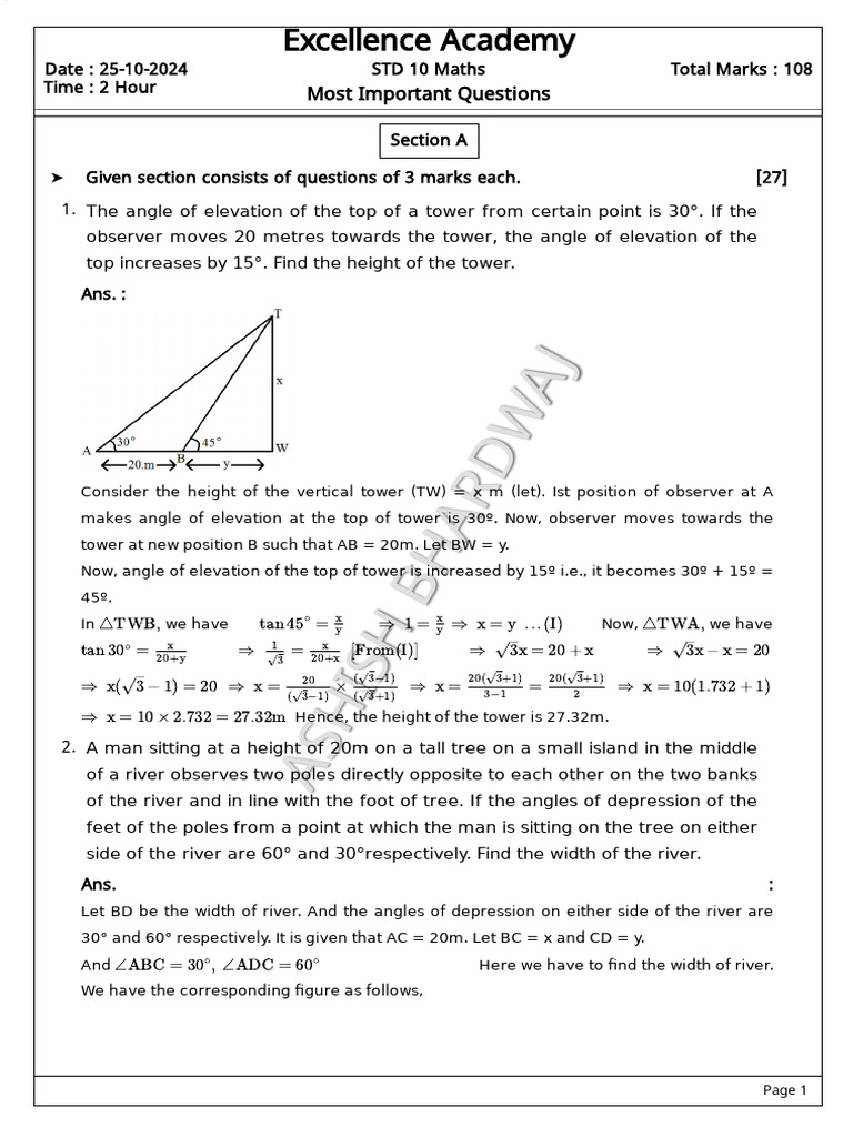Height and Distance Problems in Trigonometry | PDF | Triangle ...