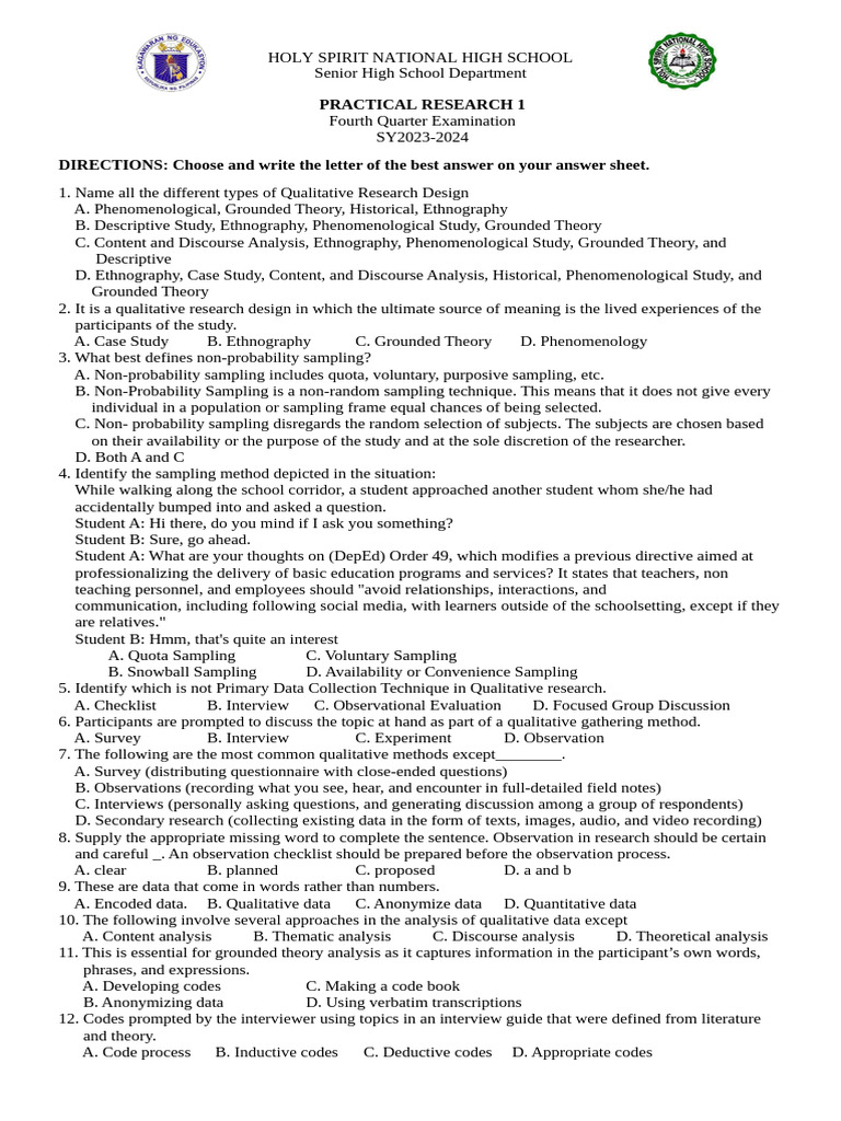 Qualitative Research Exam Questions | PDF | Sampling (Statistics ...