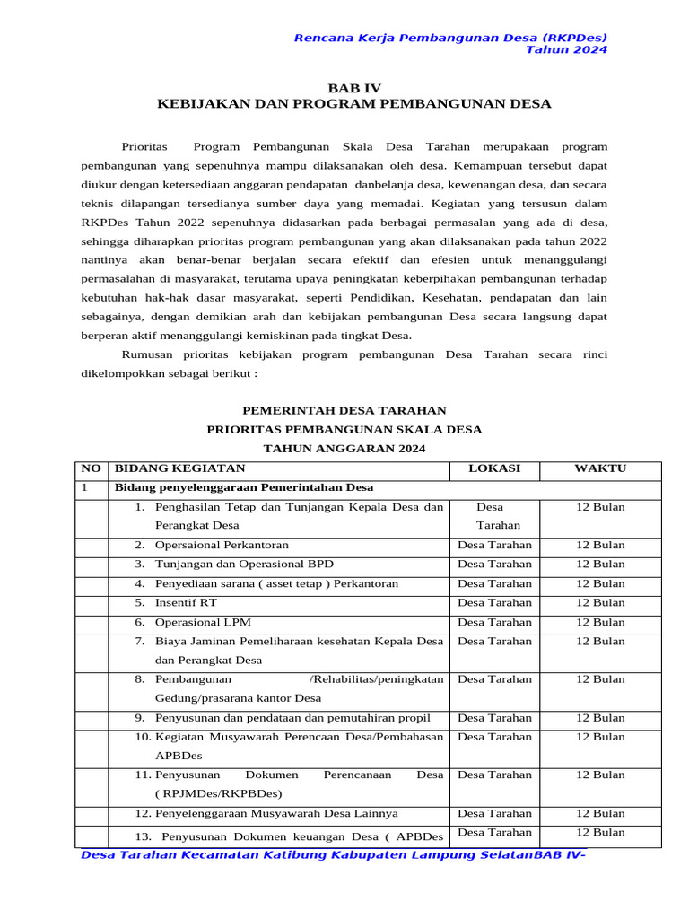 RKPDes 2024: Program Pembangunan Desa Tarahan | PDF