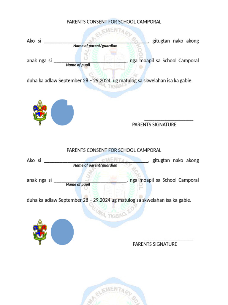 Parent Consent For School Camporal | PDF