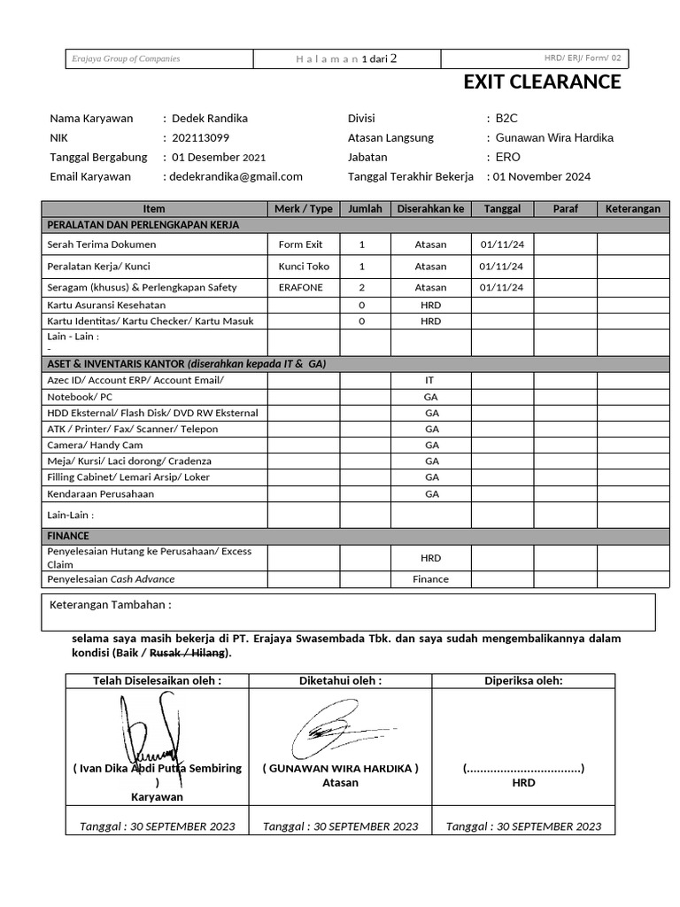 Formulir Exit Clearance Karyawan | PDF