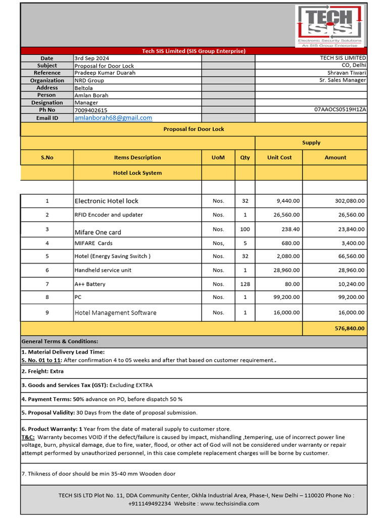 Door Lock System Proposal Details | PDF